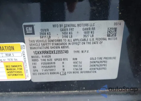 2014 GMC Acadia Slt-1 из США, поврежденный, VIN 1GKKRRKDXEJ355749